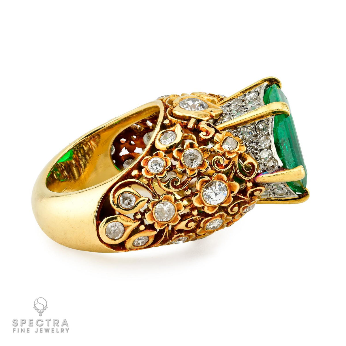 Cartier Hexagonal Colombian Emerald & Diamond 18K Gold Ring