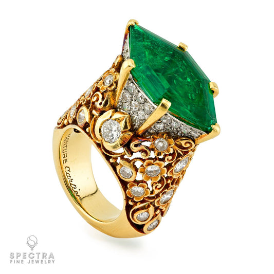 Cartier Hexagonal Colombian Emerald & Diamond 18K Gold Ring