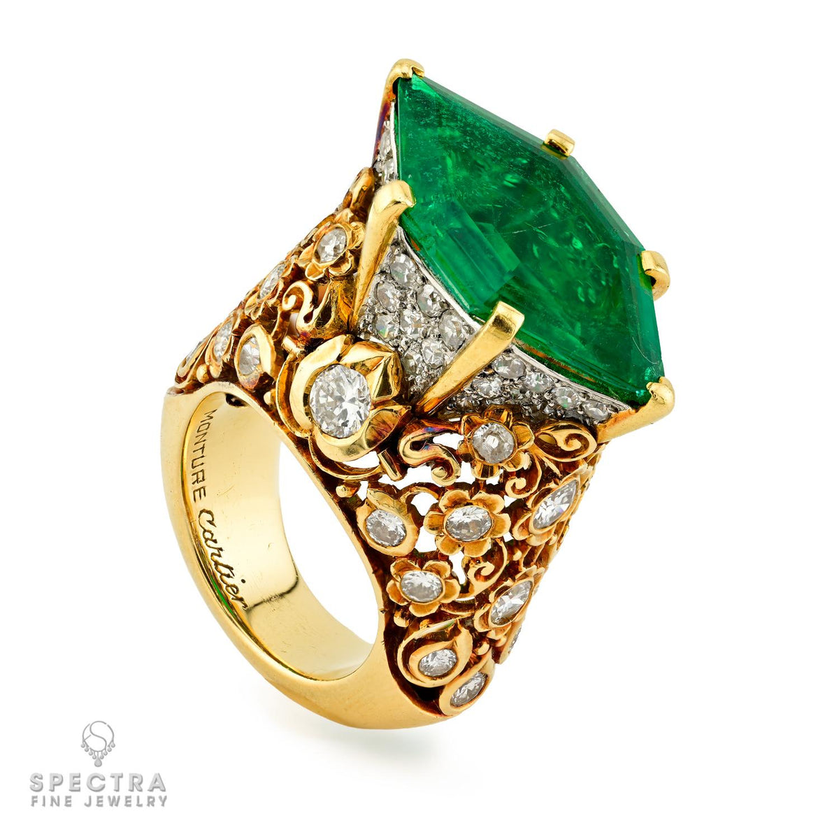 Cartier Hexagonal Colombian Emerald & Diamond 18K Gold Ring