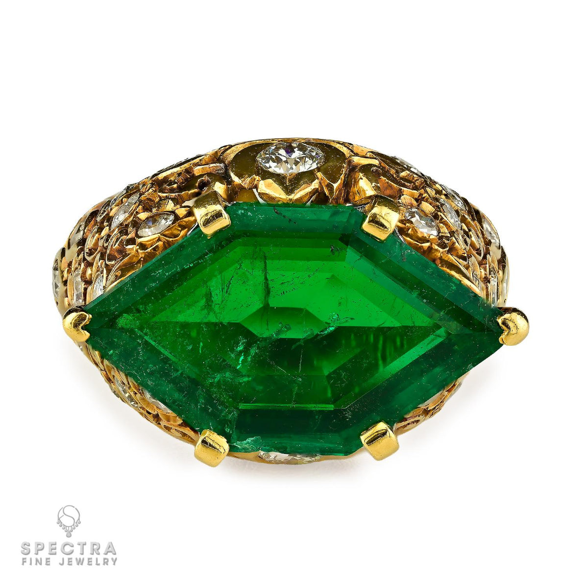 Cartier Hexagonal Colombian Emerald & Diamond 18K Gold Ring