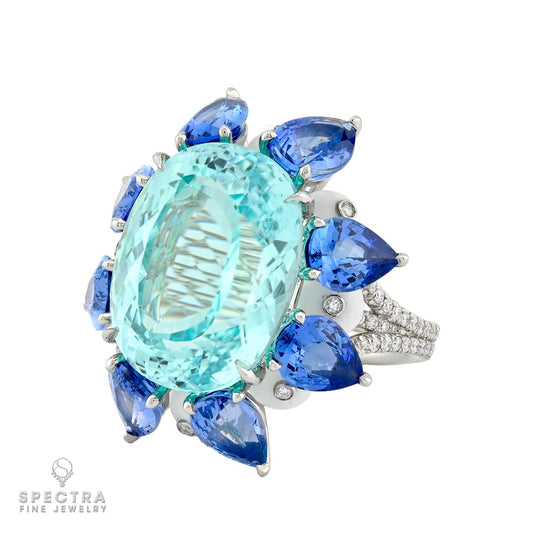 17.68 ct Oval Paraiba Tourmaline, Sapphire & Agate Platinum Ring