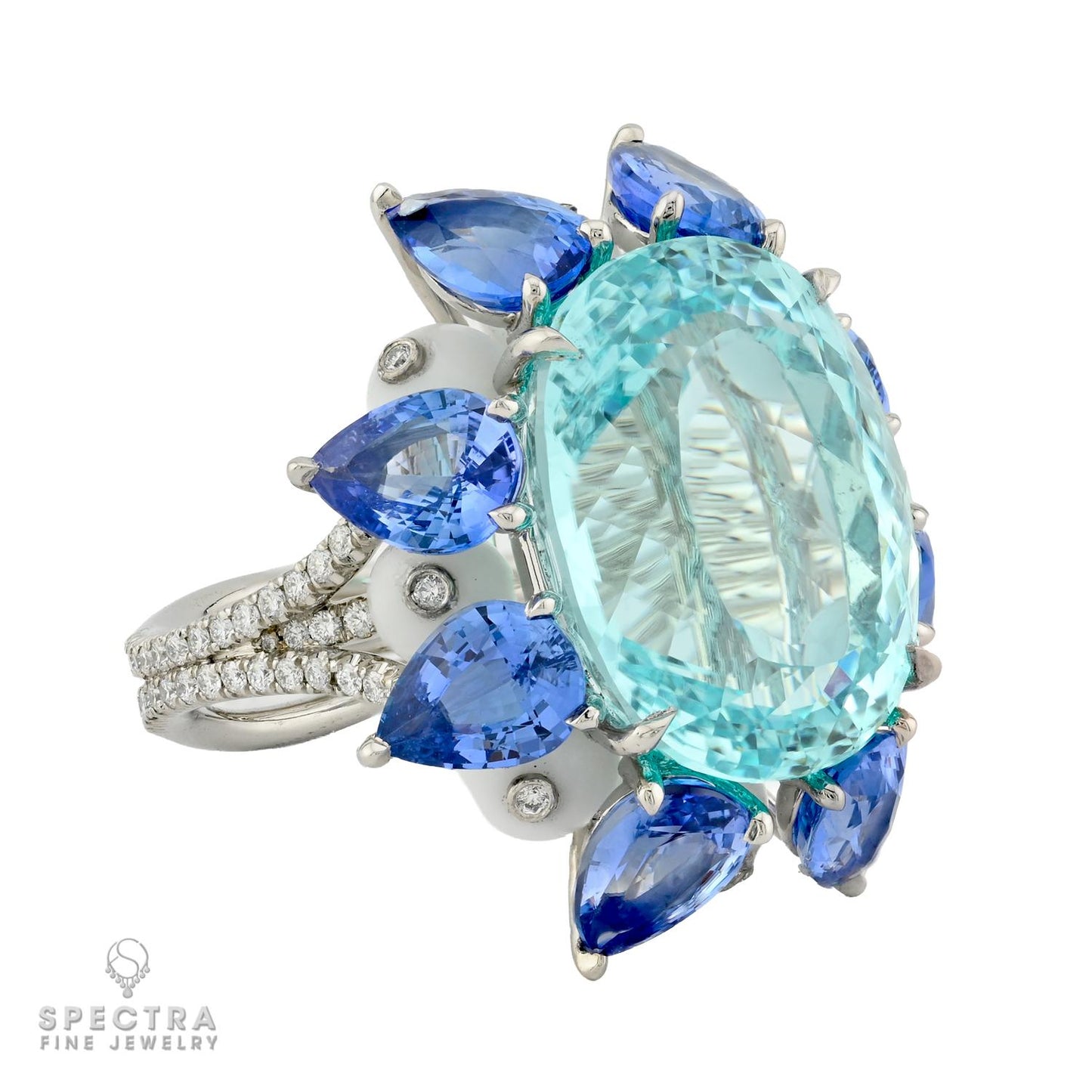 17.68ct Oval Paraiba Tourmaline, Sapphire & Agate Platinum Ring