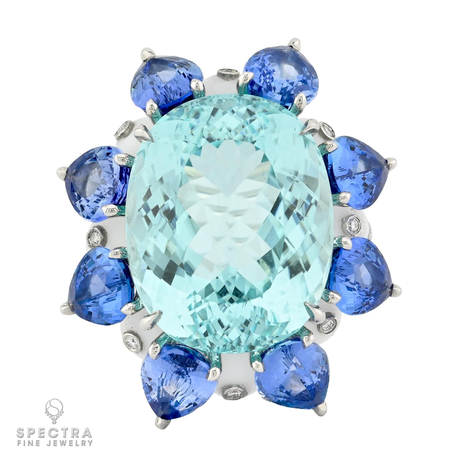 17.68ct Oval Paraiba Tourmaline, Sapphire & Agate Platinum Ring