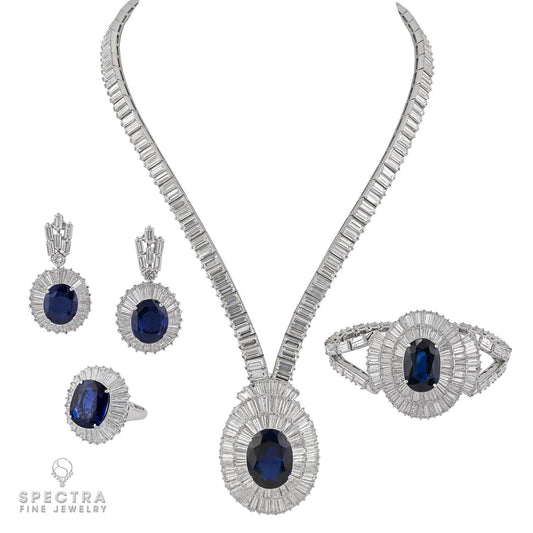 Mouawad Platinum Sapphire & Baguette Diamond Parure, 5 Pieces