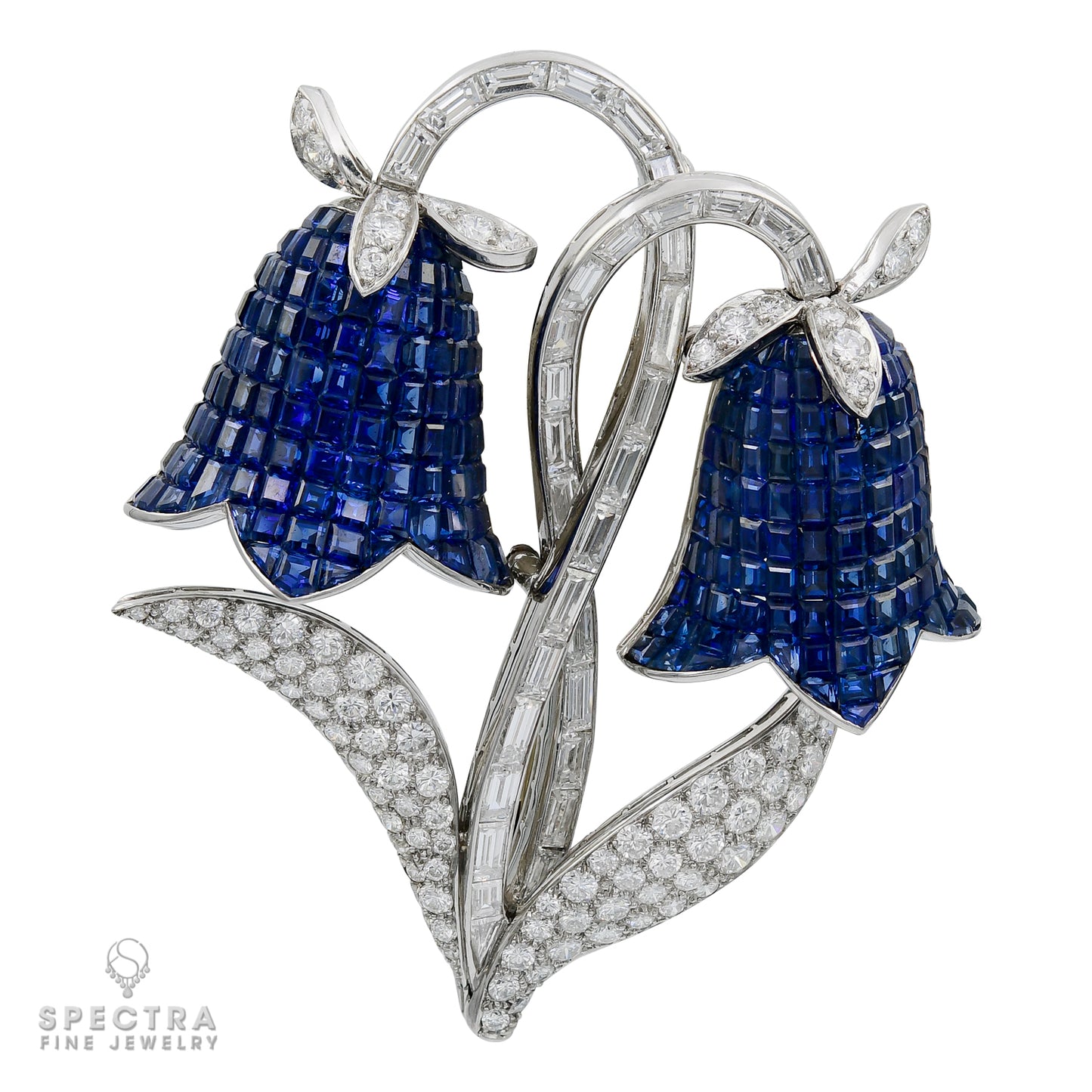 Vintage French Diamond, Sapphire & Ruby Flower Brooch Pair - view 2