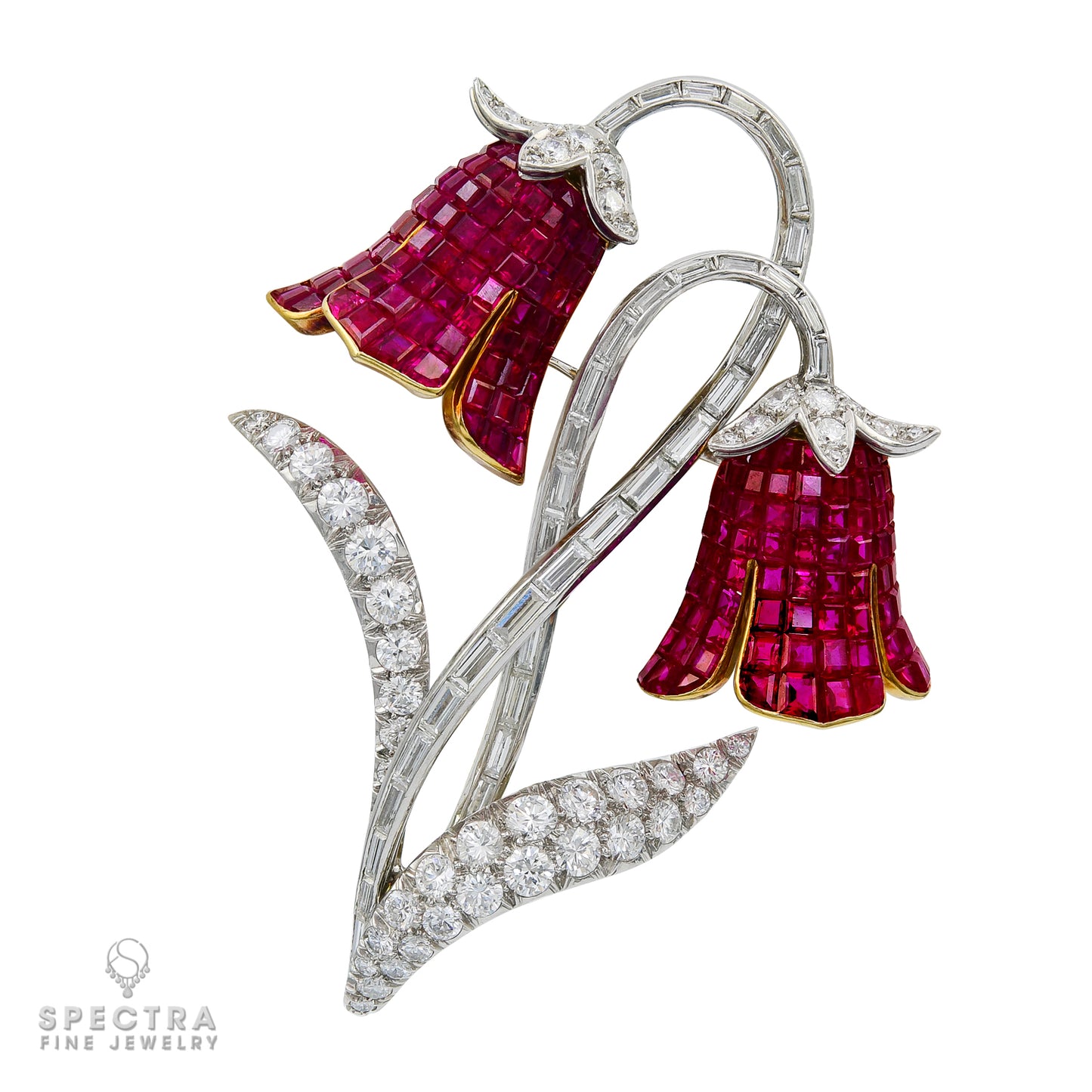 Vintage French Diamond, Sapphire & Ruby Flower Brooch Pair - view 3