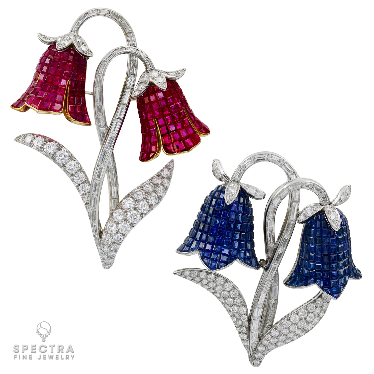 Vintage French Diamond, Sapphire & Ruby Flower Brooch Pair
