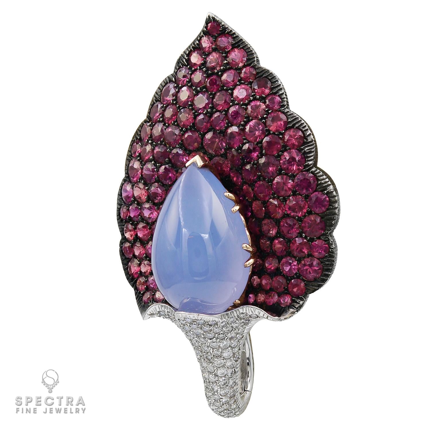 Chalcedony Pink Sapphire Jewelry Set: Brooch and Ear Clips in 18k Oxidized Gold