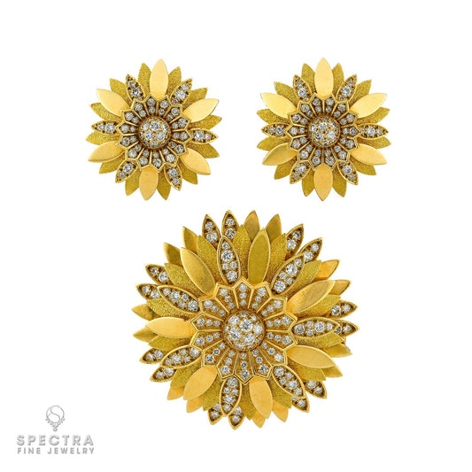 Bulgari Vintage Diamond Floral Brooch & Earrings Set 1960s