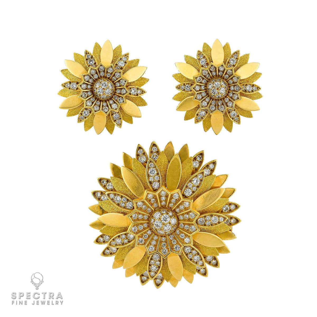 Bulgari Vintage Diamond Floral Brooch & Earrings Set 1960s