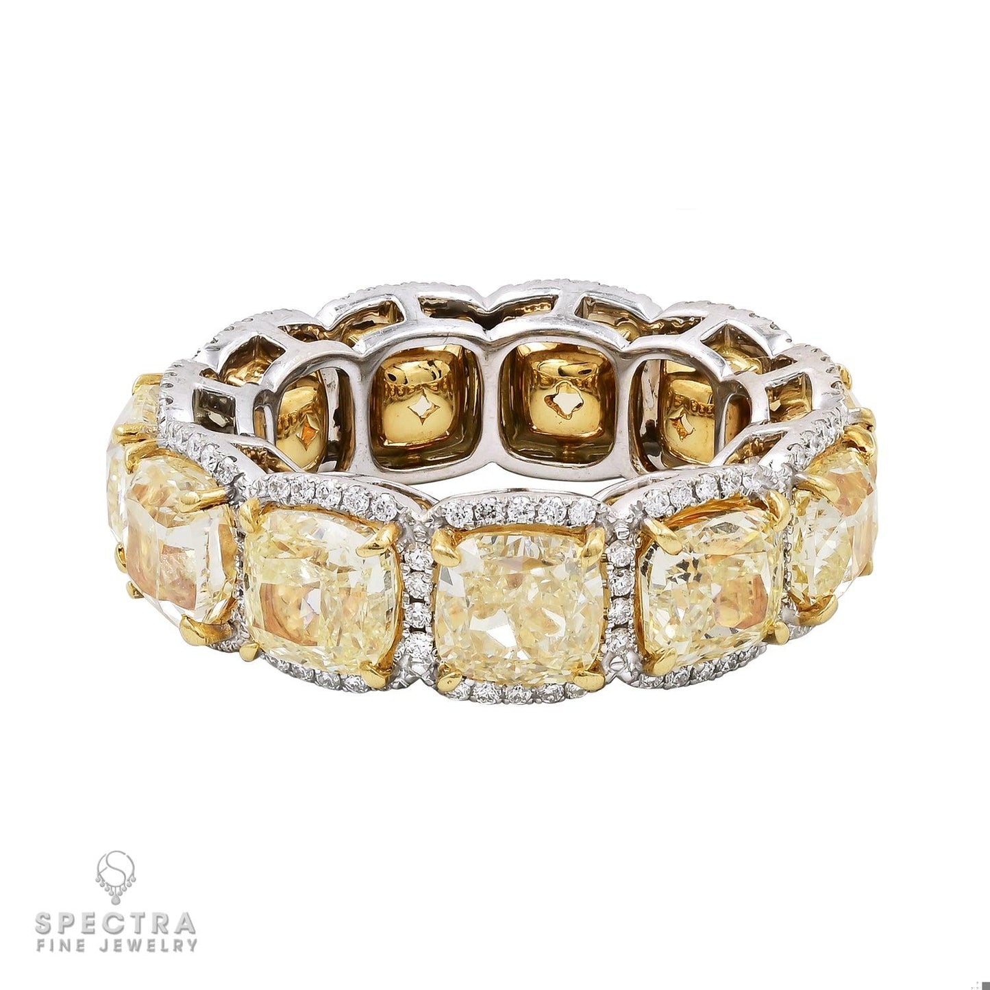 Spectra Fine Jewelry 12.04cts Cushion Fancy Yellow Diamond Eternity Band Ring