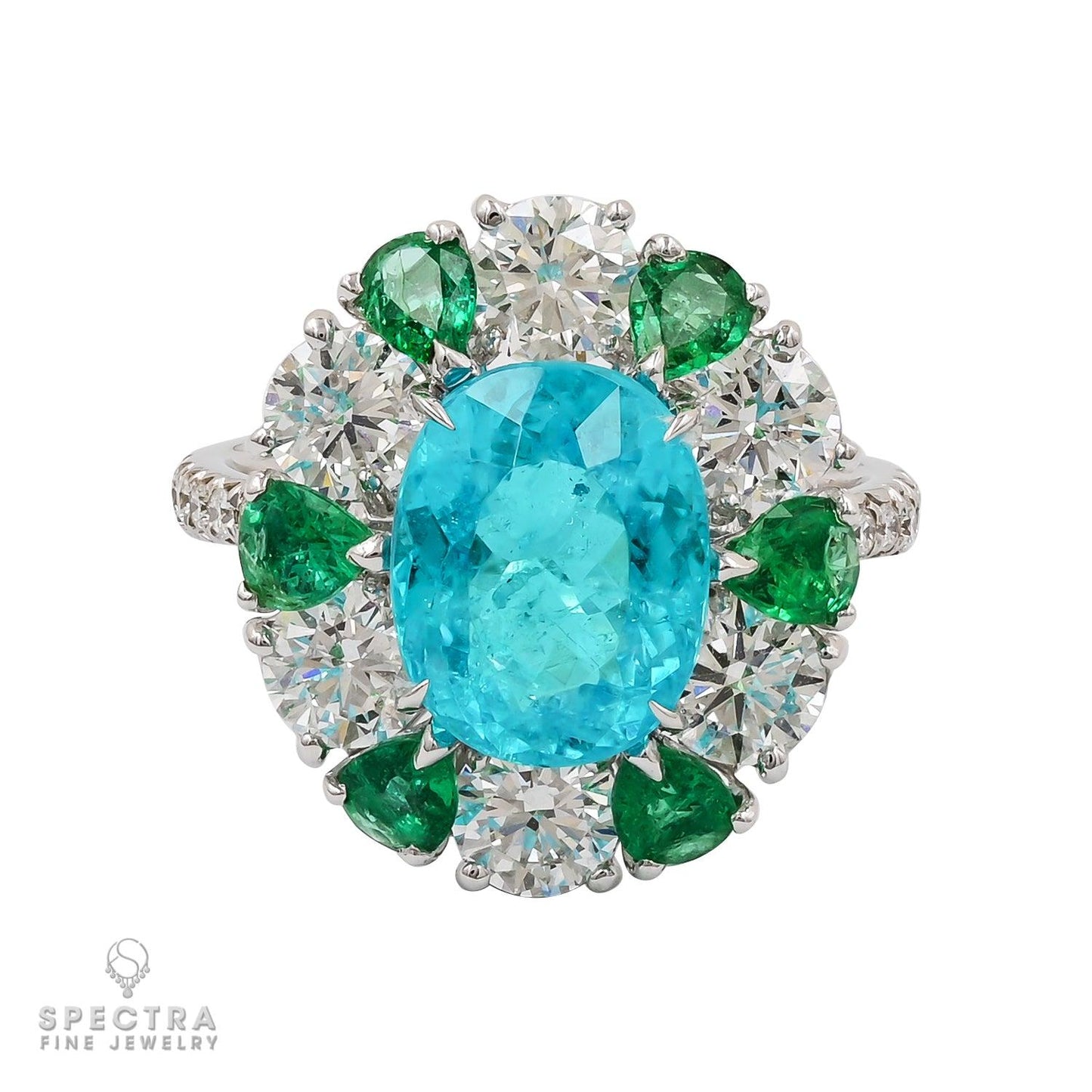 3.40 cts. Oval Paraiba Tourmaline Emerald Diamond Ring | Spectra Fine Jewelry