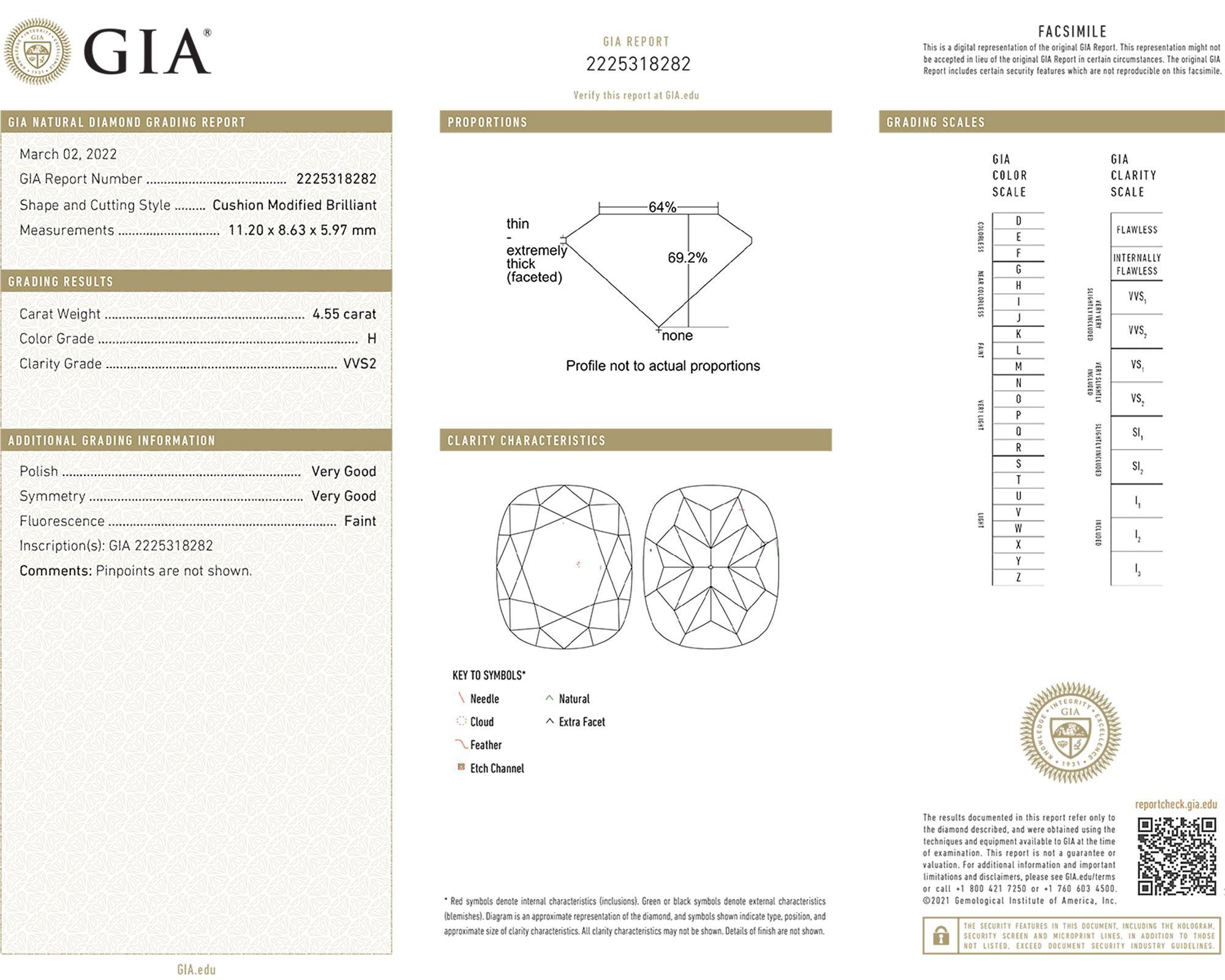 Spectra Fine Jewelry GIA Certified 4.55 Carat H Color Cushion Diamond Ring