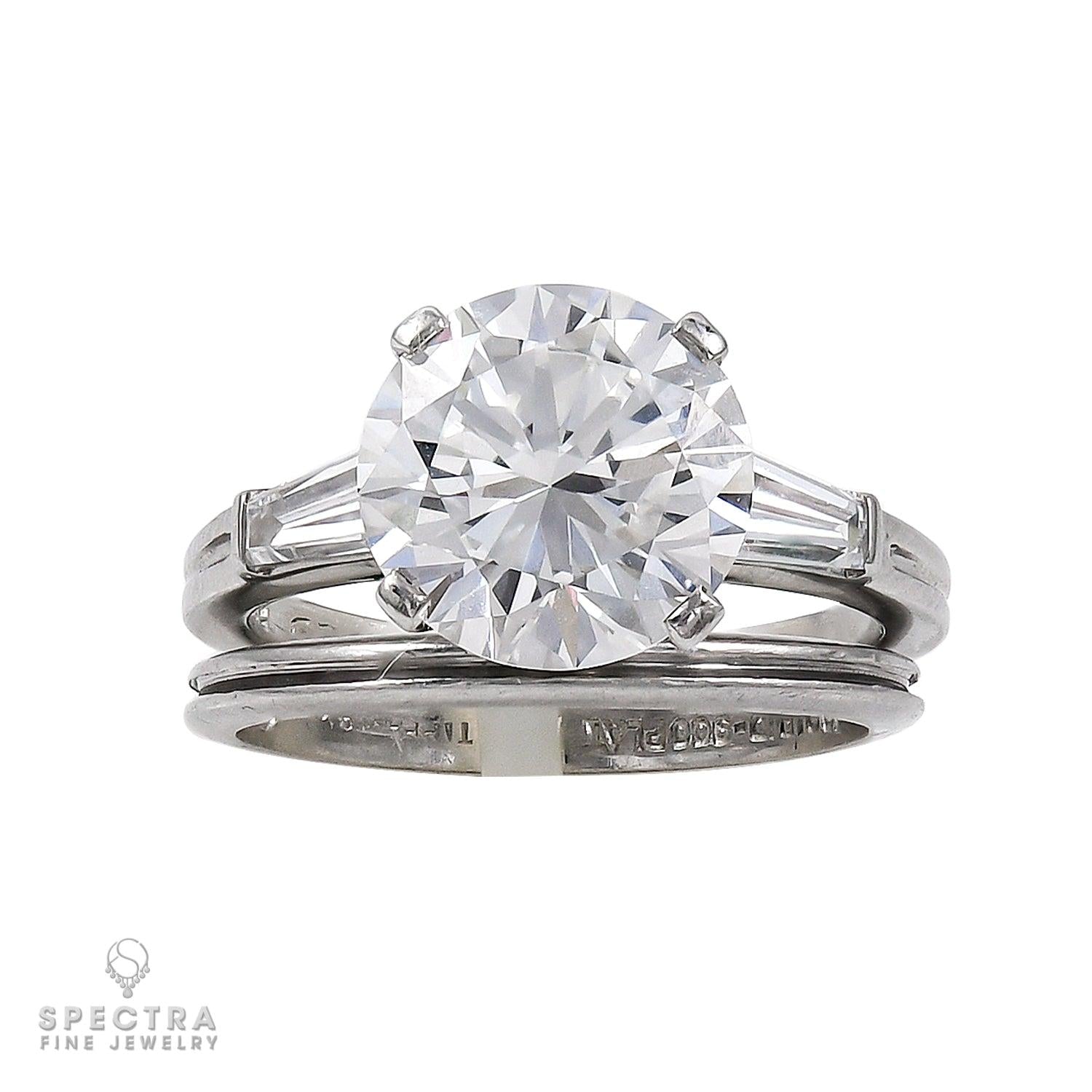 The Tiffany Three Stone Engagement Ring with Baguette Side Stones and Wedding Ba