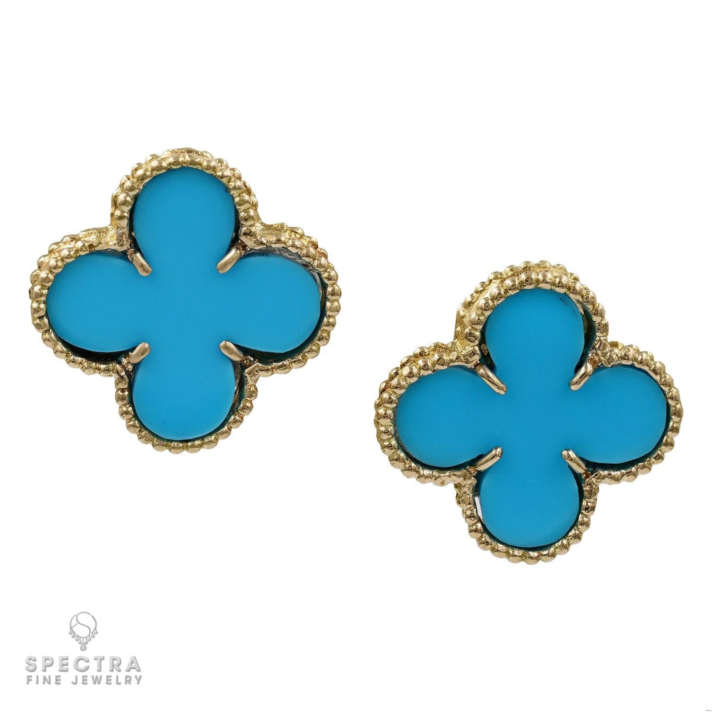 Turquoise Color Clover Earrings in 18kt Yellow Gold