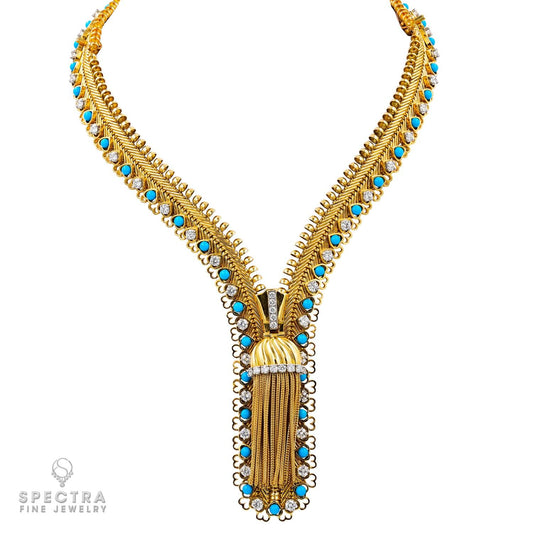 VCA Zip Diamond Turquoise Necklace | Vintage Signed Jewelry