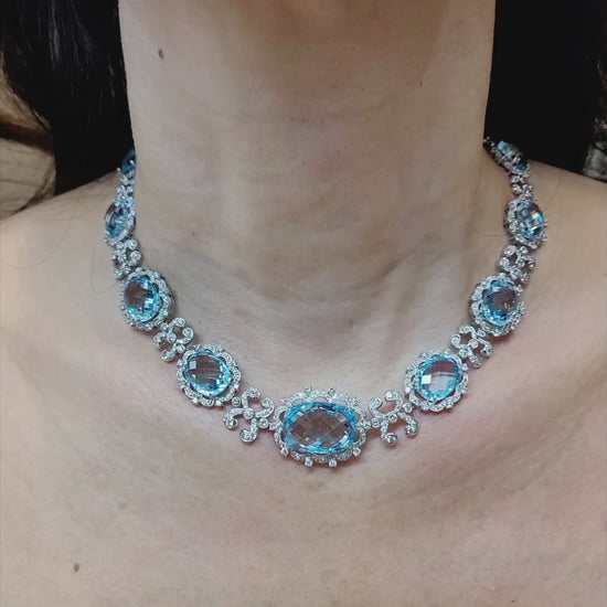 18kt White Gold Blue Topaz and Diamond Graduated Necklace