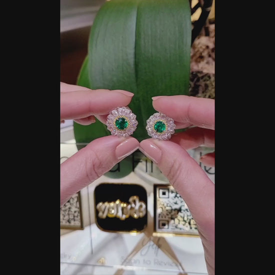 Contemporary Zambian Emerald Diamond Halo Button Earrings