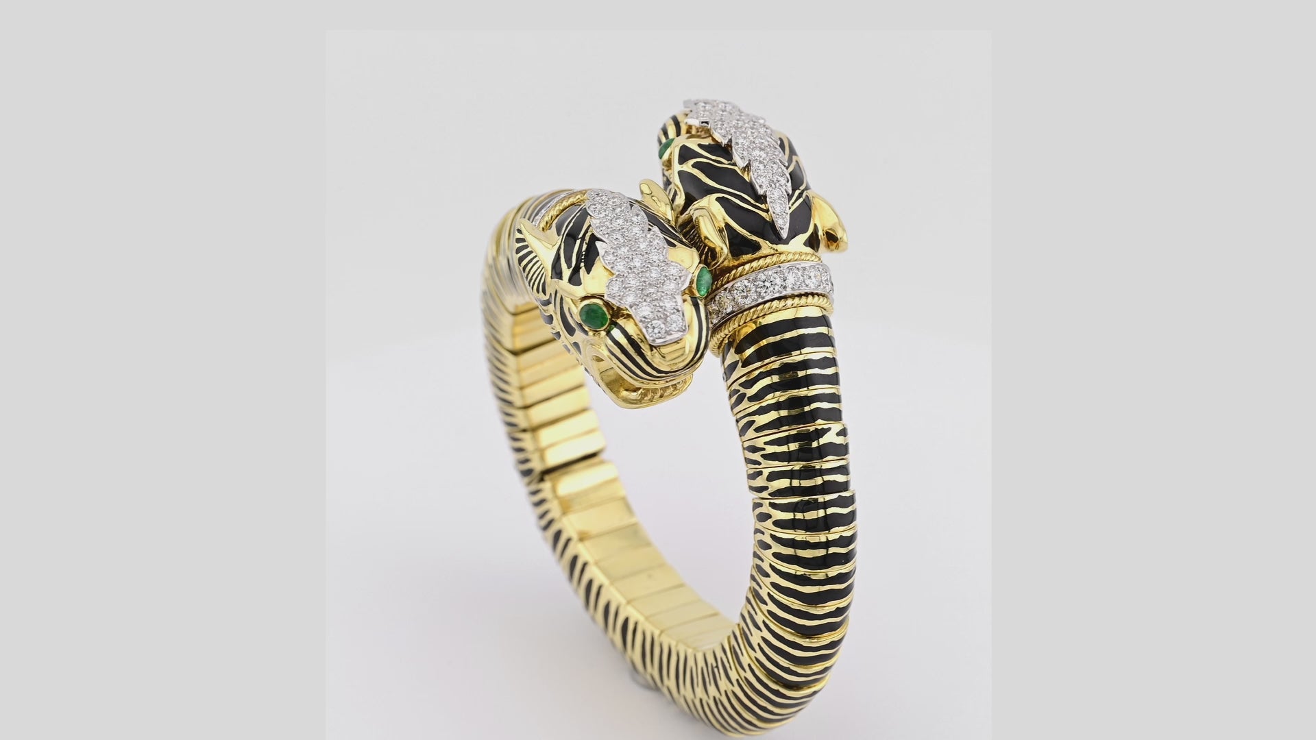 David Webb Diamond Emerald Double Head Tiger Bangle