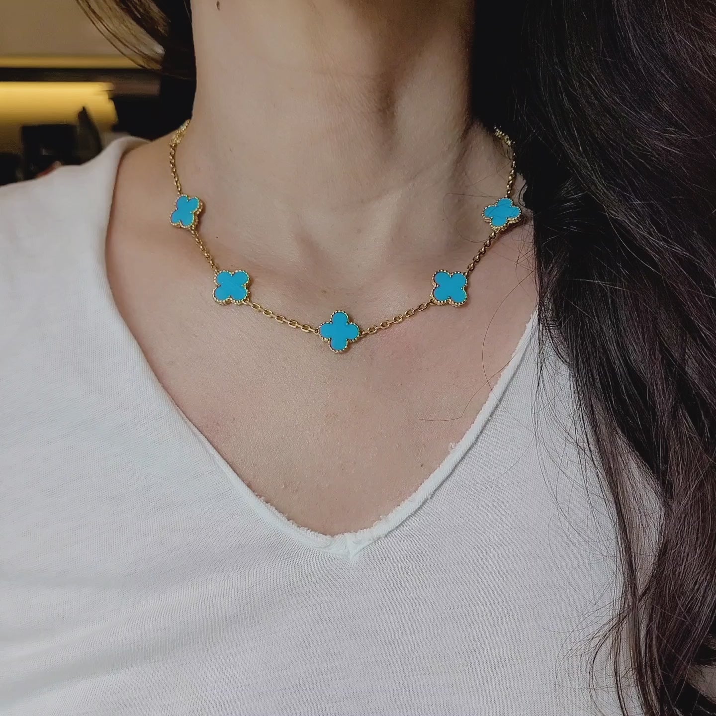 Van Cleef & Arpels 10-Motif Turquoise Alhambra Necklace in 18k Yellow Gold