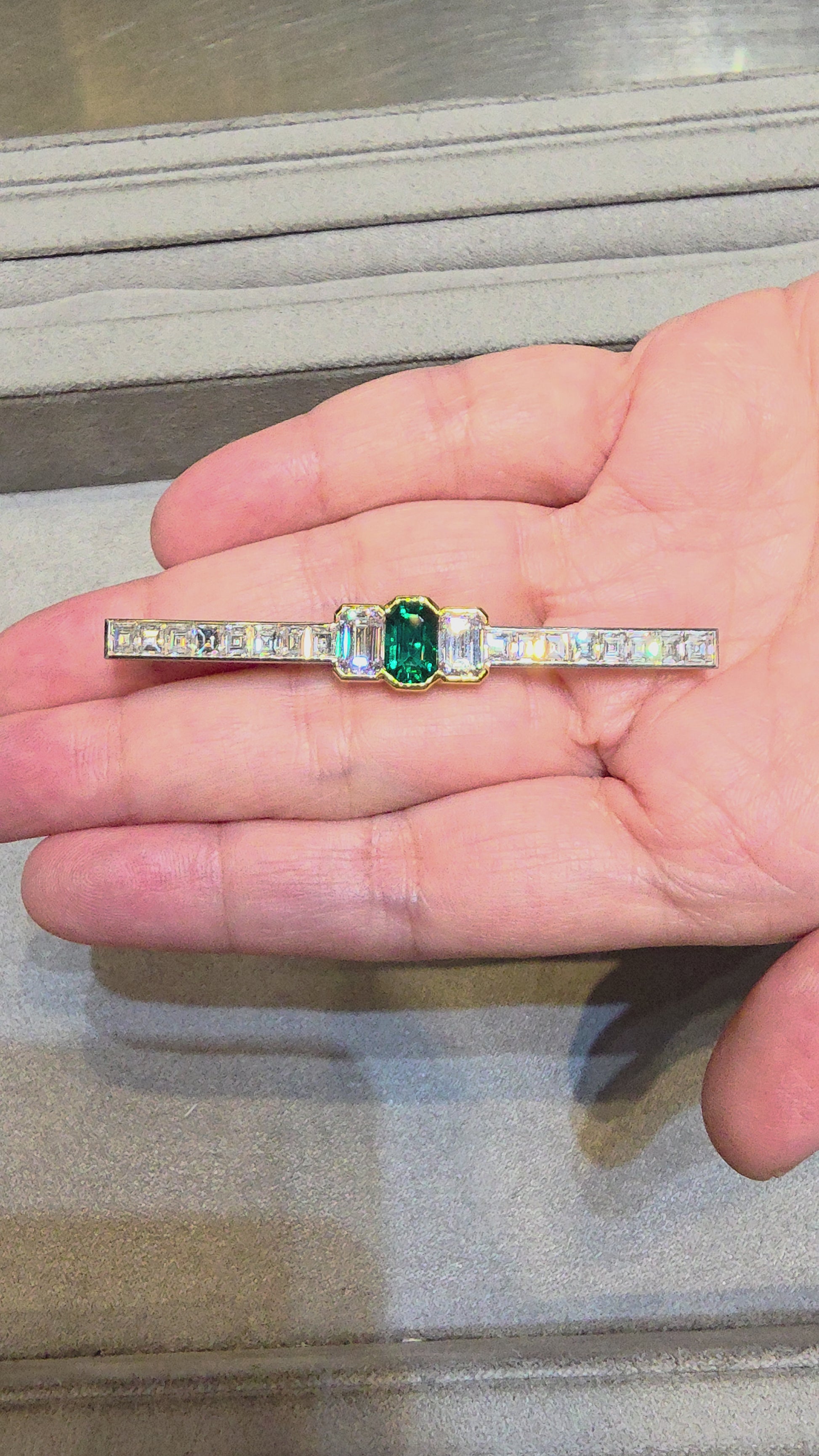 Bulgari Colombian Emerald and Diamond Pin in Platinum & 18k Gold