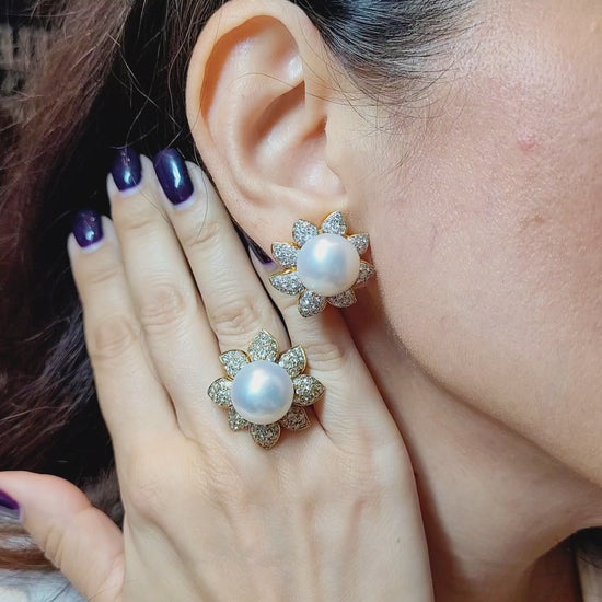 Diamond Pearl Brooch, Earrings, and Ring Set